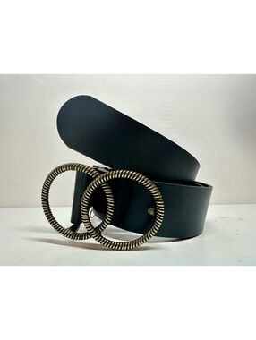 Wide Black Leather Double -Ring Buckle Belt Size S Brand New